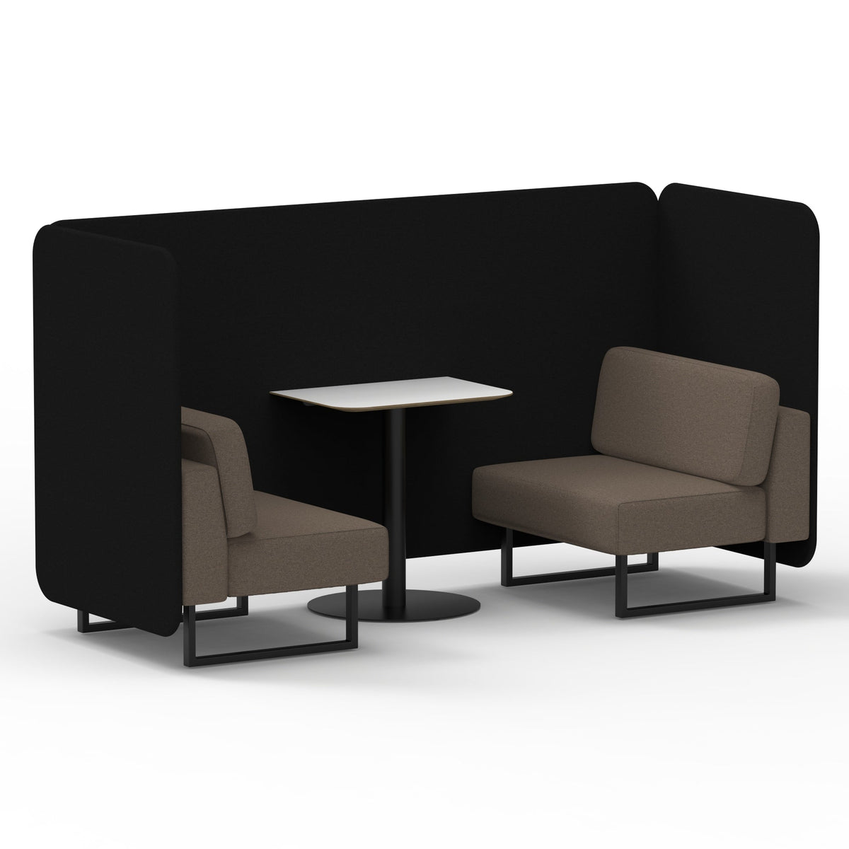 Commercial 2 Seater Privacy Booth – Bench with White Table – Two Tone – Crib 5 X2 - Diameter Panels And Theory Sofa Black - Industrious Decor