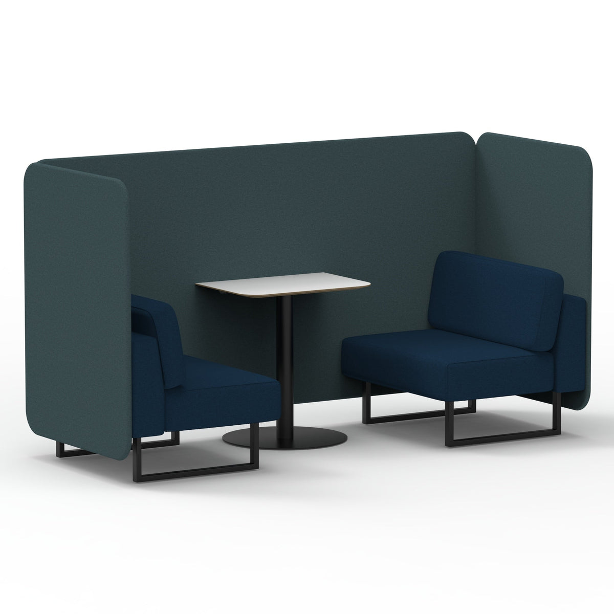 Commercial 2 Seater Privacy Booth – Bench with White Table – Two Tone – Crib 5 X2 - Polygon Panels And Calculus Sofa Black - Industrious Decor