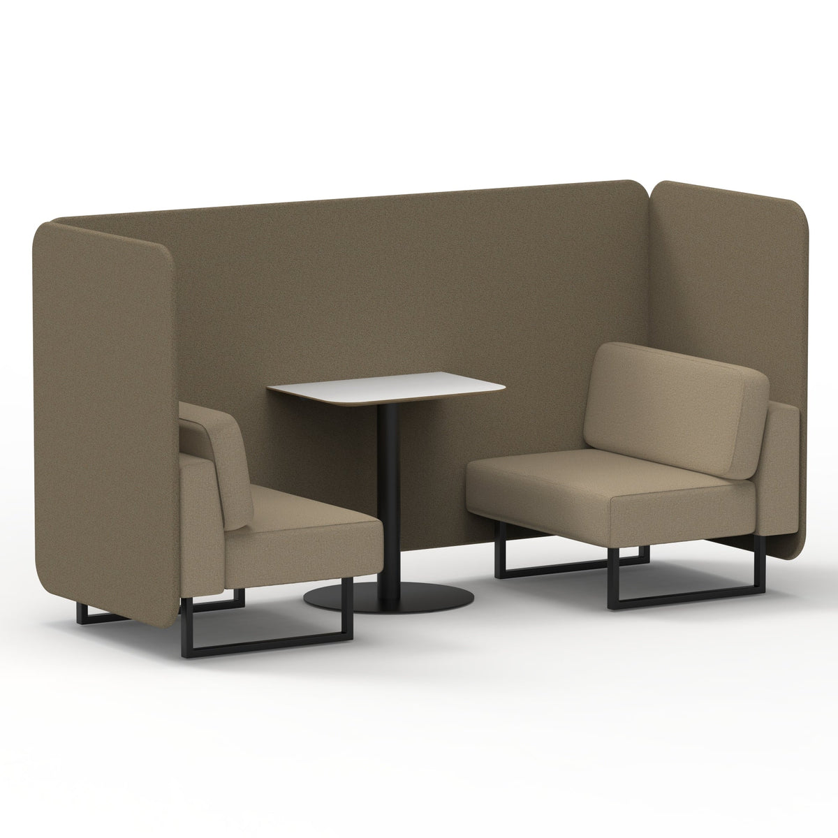 Commercial 2 Seater Privacy Booth – Bench with White Table – Two Tone – Crib 5 Main Line Flax - Bank Panels And Upminster Sofa Black - Industrious Decor