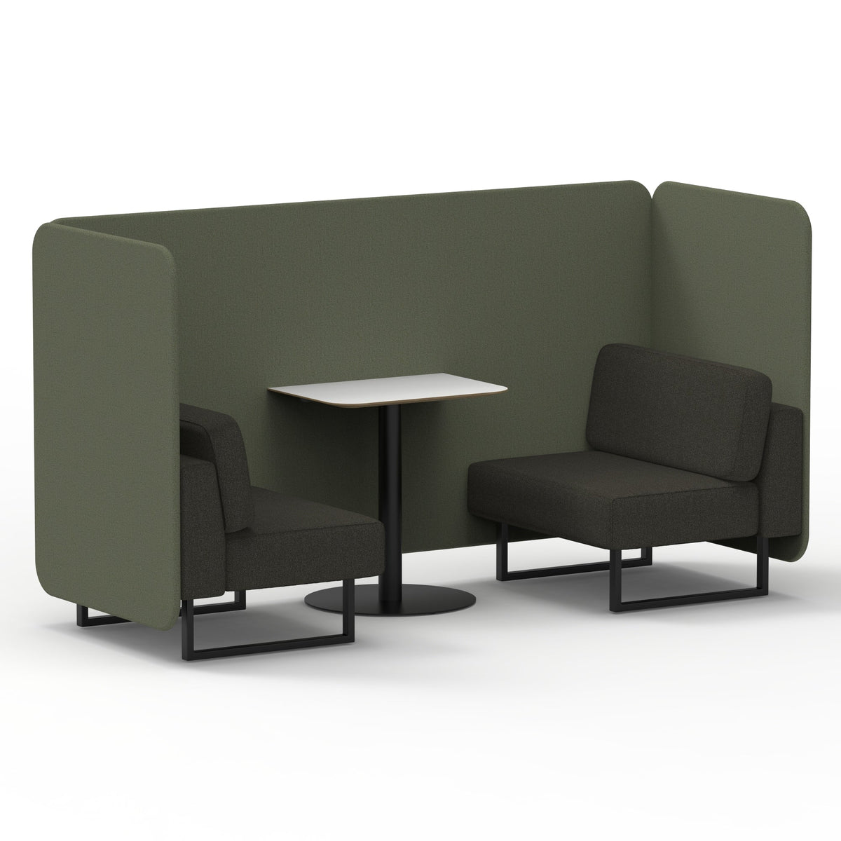 Commercial 2 Seater Privacy Booth – Bench with White Table – Two Tone – Crib 5 Main Line Flax - Monument Panels And Temple Sofa Black - Industrious Decor
