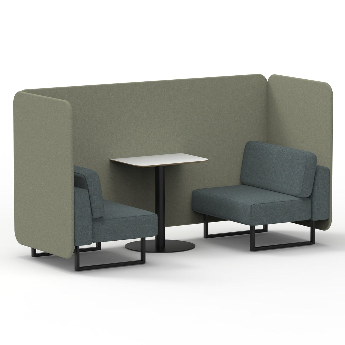 Commercial 2 Seater Privacy Booth – Bench with White Table – Two Tone – Crib 5 Main Line Flax - Newbury Panels And Westminster Sofa Black - Industrious Decor