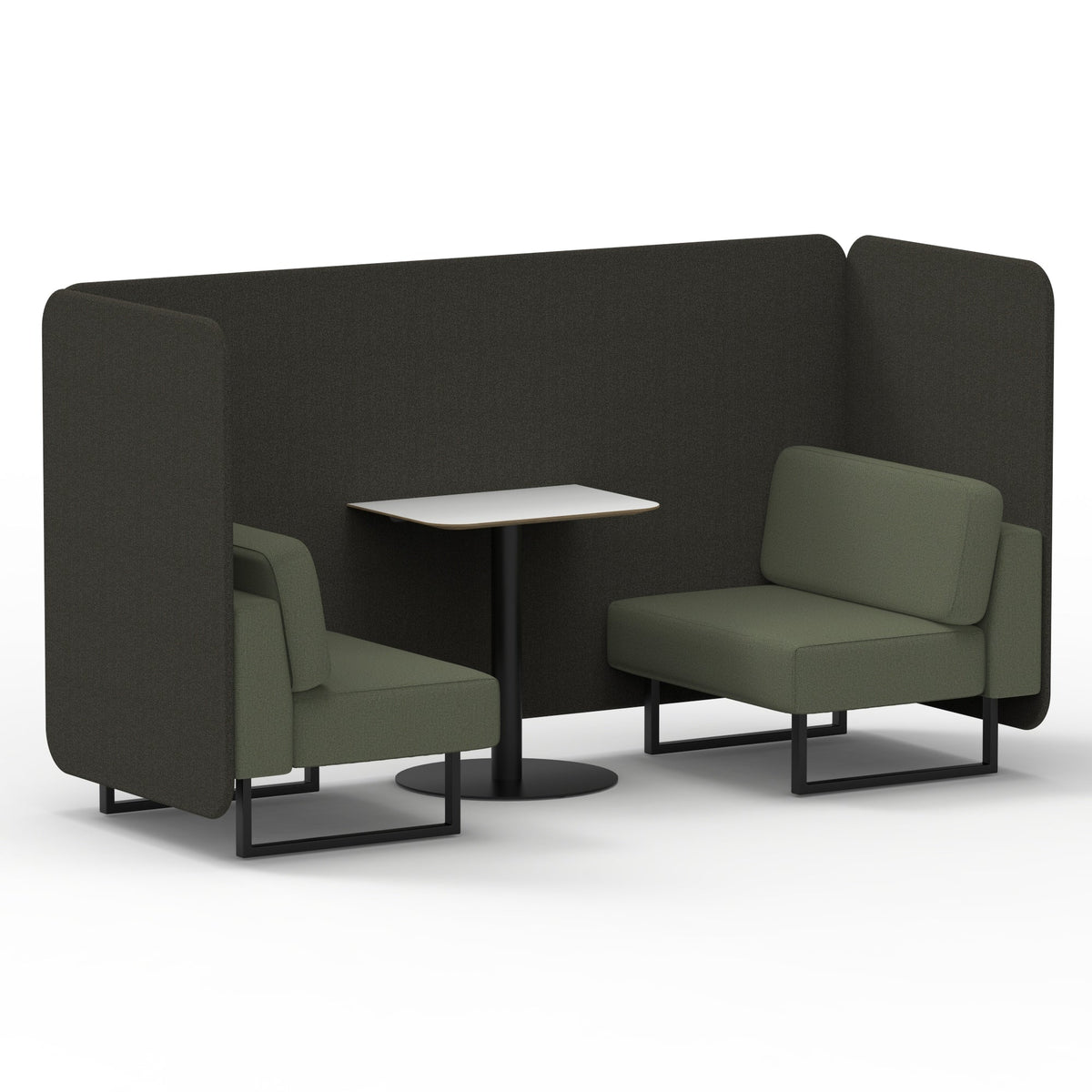Commercial 2 Seater Privacy Booth – Bench with White Table – Two Tone – Crib 5 Main Line Flax - Temple Panels And Monument Sofa Black - Industrious Decor