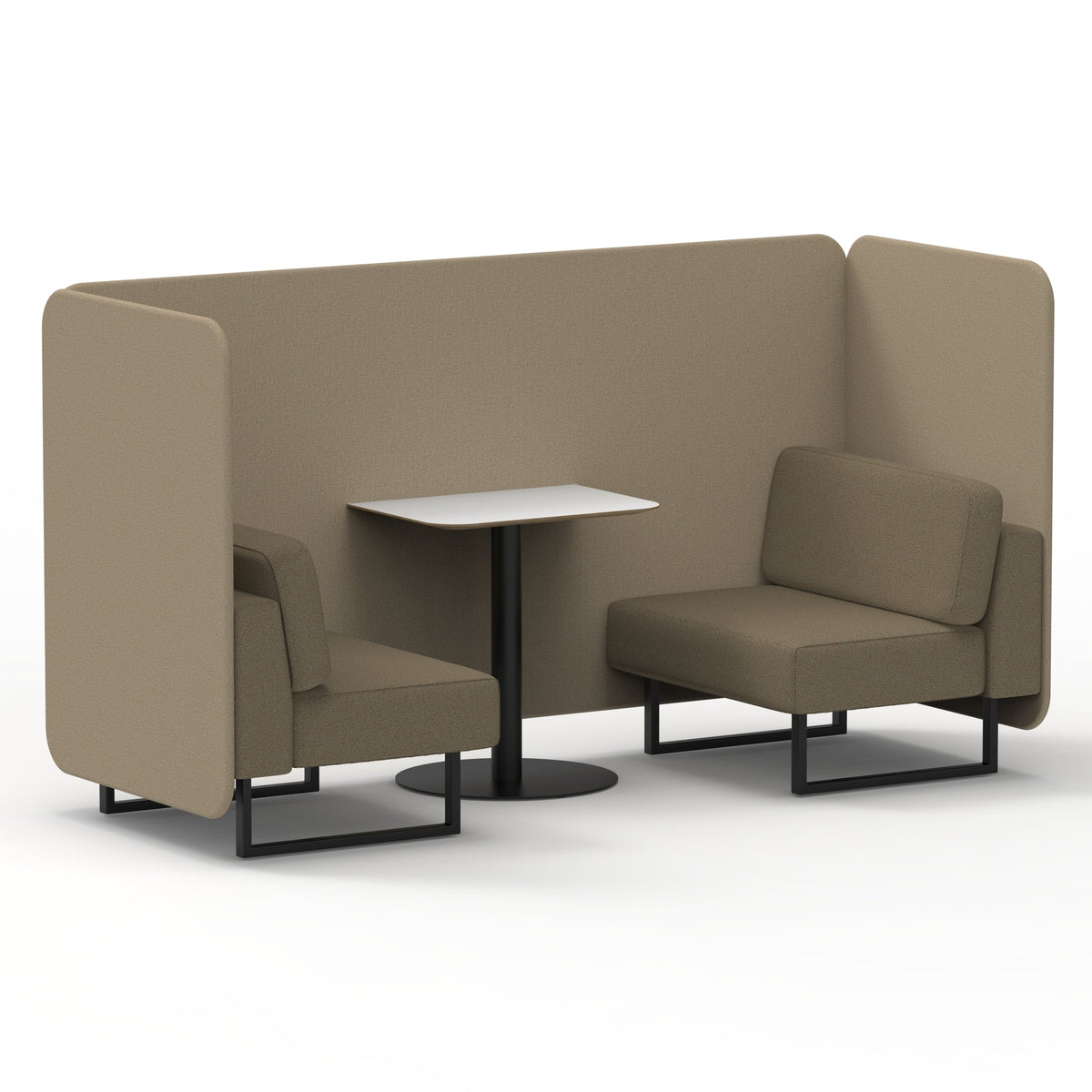 Commercial 2 Seater Privacy Booth – Bench with White Table – Two Tone – Crib 5 Main Line Flax - Upminster Panels And Bank Sofa Black - Industrious Decor