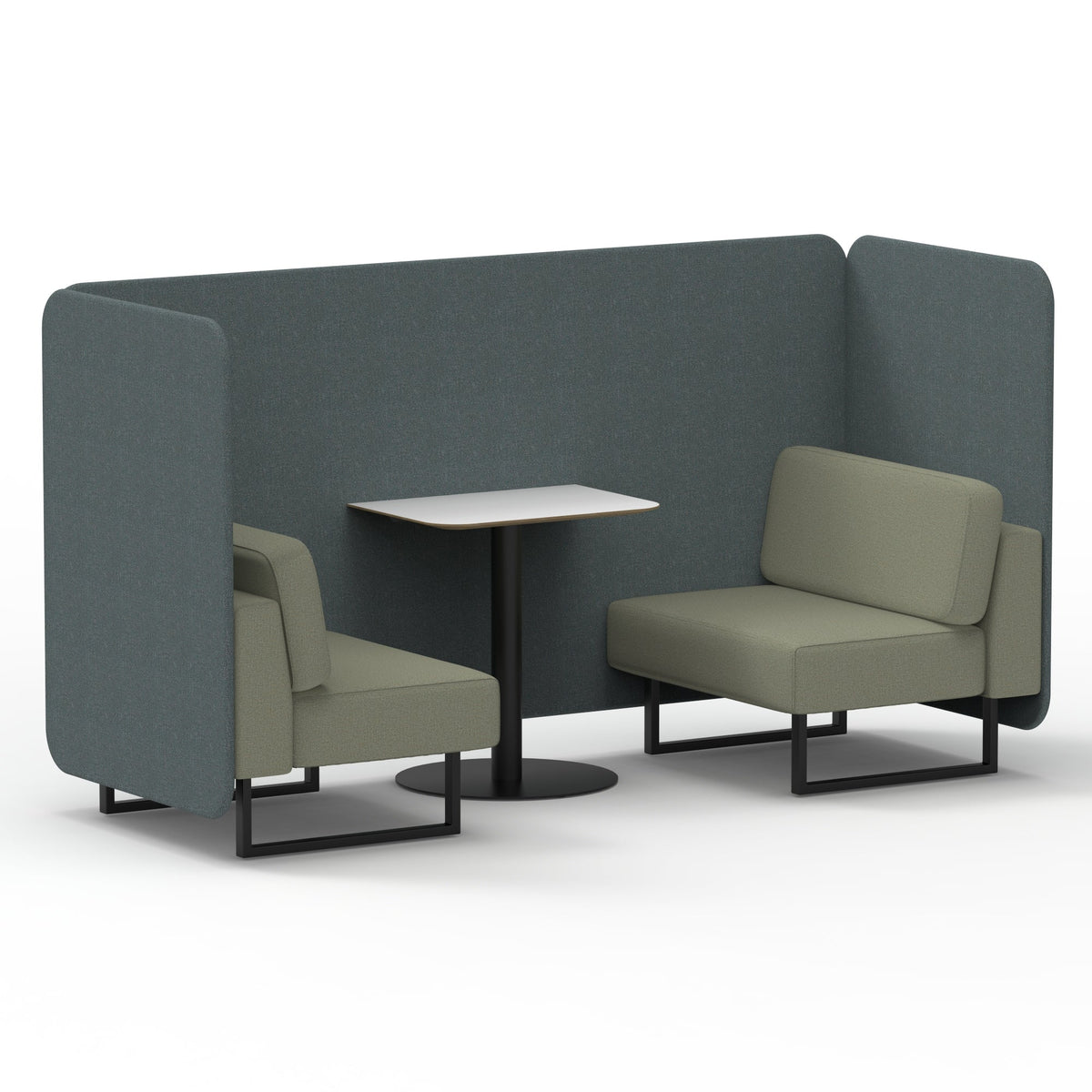 Commercial 2 Seater Privacy Booth – Bench with White Table – Two Tone – Crib 5 Main Line Flax - Westminster Panels And Newbury Sofa Black - Industrious Decor