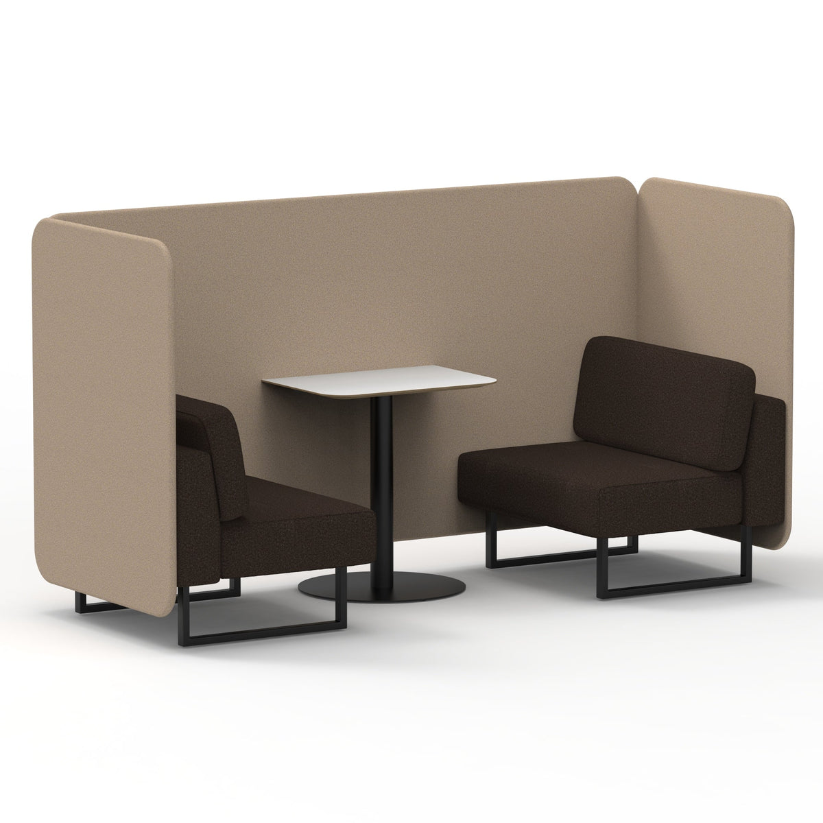 Commercial 2 Seater Privacy Booth – Bench with White Table – Two Tone – Crib 5 Synergy - Affix Panels And Wed Sofa Black - Industrious Decor