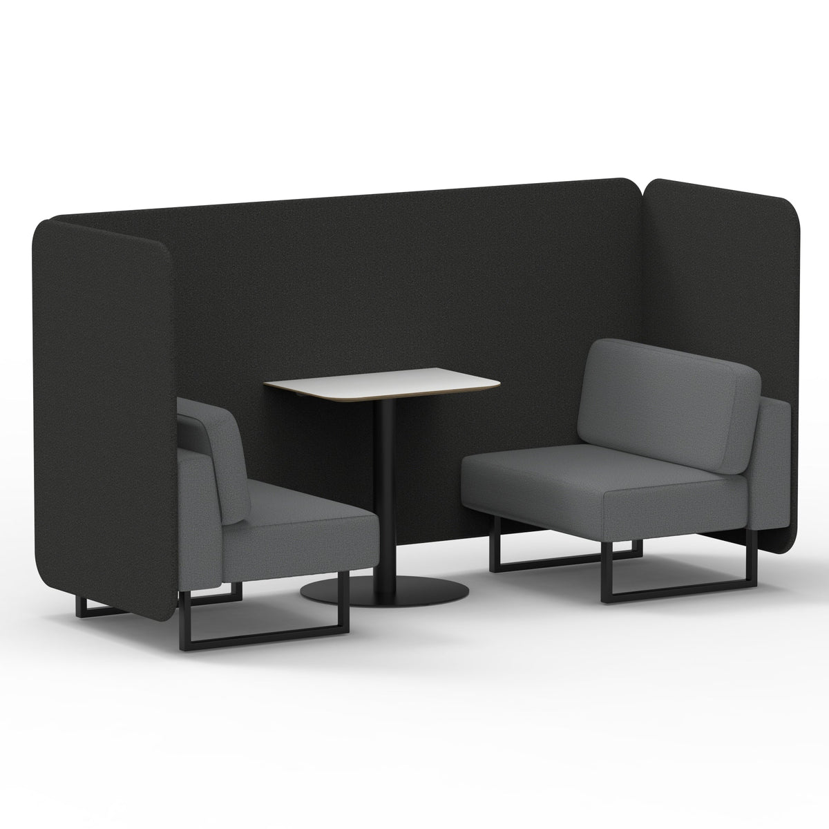 Commercial 2 Seater Privacy Booth – Bench with White Table – Two Tone – Crib 5 Synergy - Mix Panels And Partner Sofa Black - Industrious Decor