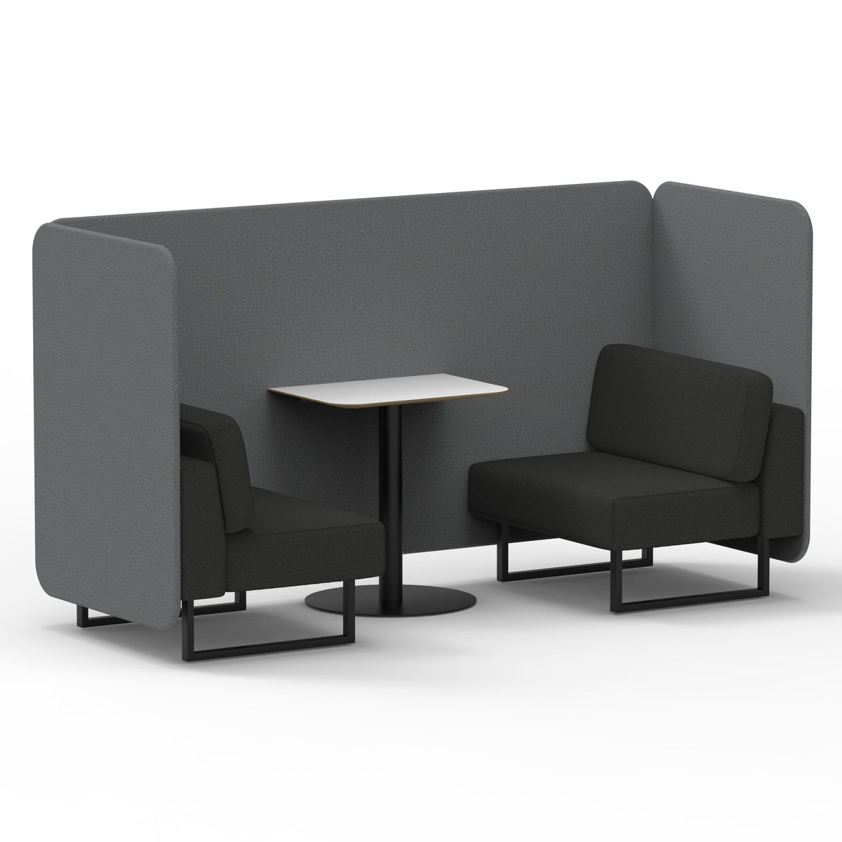 Commercial 2 Seater Privacy Booth – Bench with White Table – Two Tone – Crib 5 Synergy - Partner Panels And Mix Sofa Black - Industrious Decor