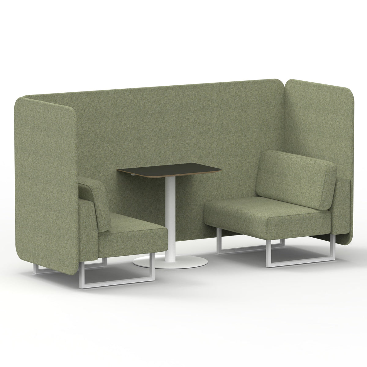 Commercial 2 Seater Privacy Booth – Bench with Black Table – Single Tone – Crib 5 Rivet - Burnish Panels And Sofa White - Industrious Decor