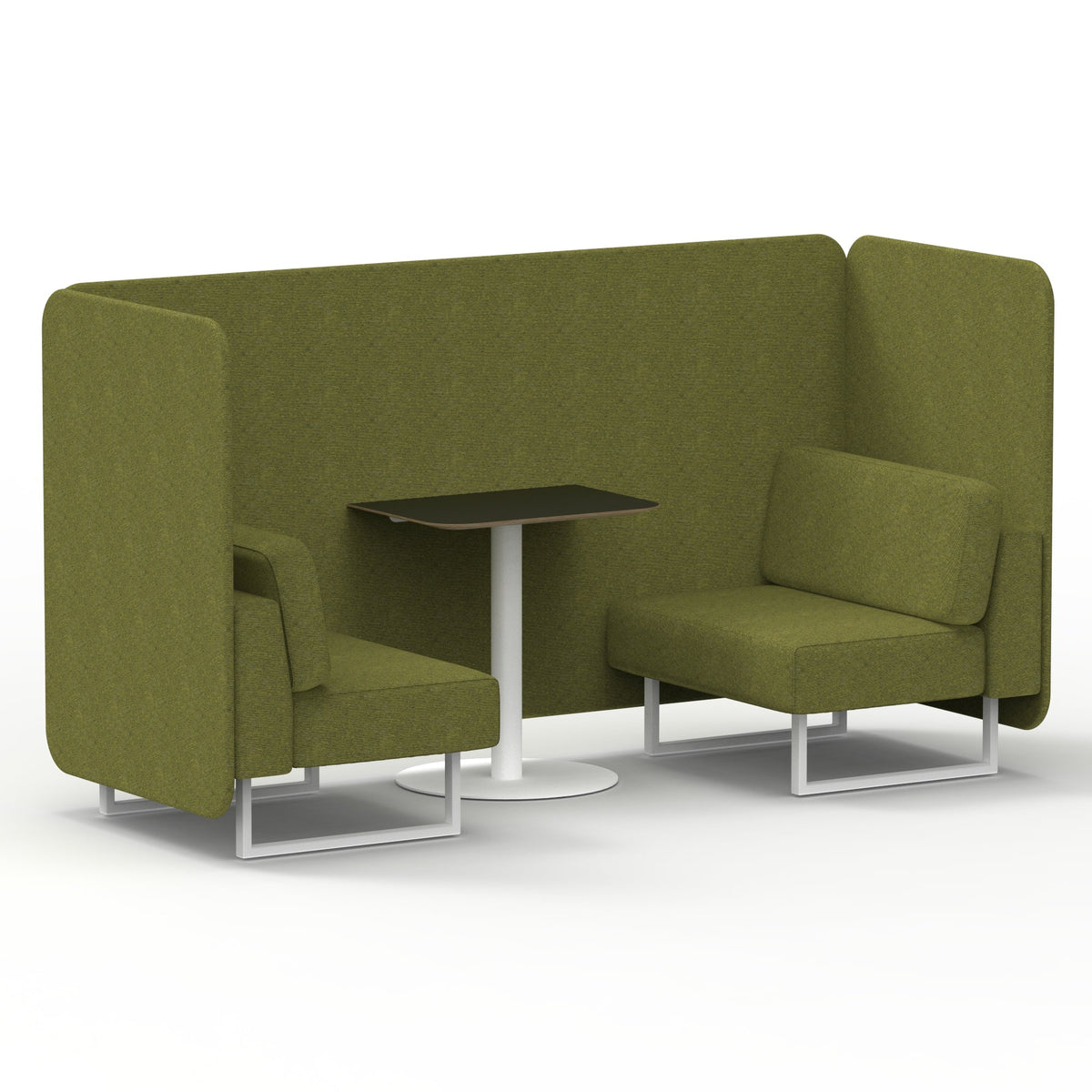 Commercial 2 Seater Privacy Booth – Bench with Black Table – Single Tone – Crib 5 Rivet - Olive Panels And Sofa White - Industrious Decor