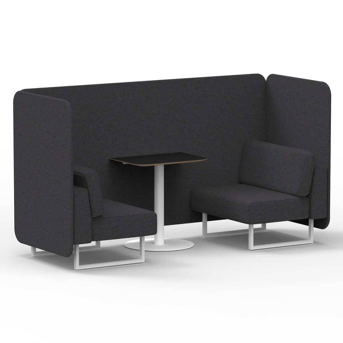 Commercial 2 Seater Privacy Booth – Bench with Black Table – Single Tone – Crib 5 X2 - Arithmetic Panels And Sofa White - Industrious Decor