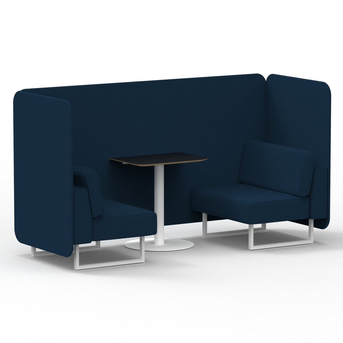 Commercial 2 Seater Privacy Booth – Bench with Black Table – Single Tone – Crib 5 X2 - Calculus Panels And Sofa White - Industrious Decor