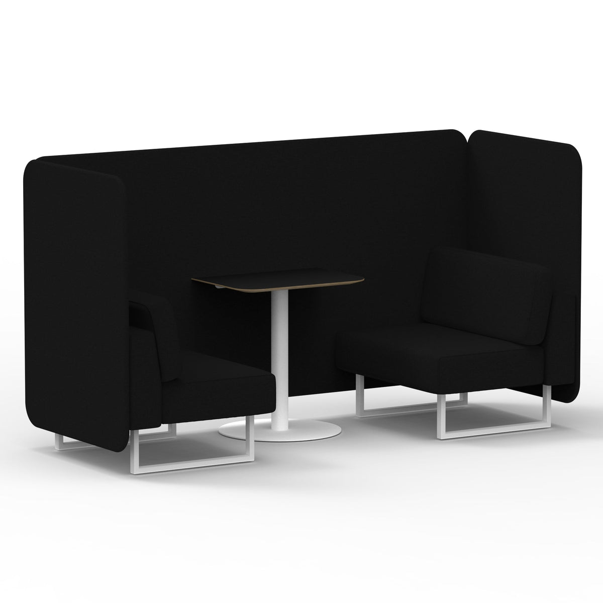 Commercial 2 Seater Privacy Booth – Bench with Black Table – Single Tone – Crib 5 X2 - Diameter Panels And Sofa White - Industrious Decor