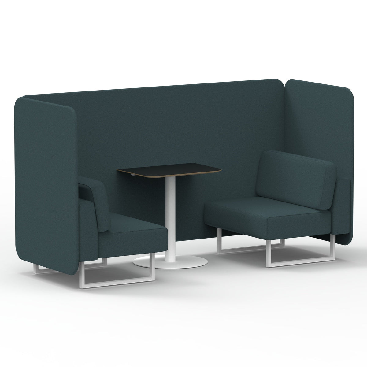 Commercial 2 Seater Privacy Booth – Bench with Black Table – Single Tone – Crib 5 X2 - Polygon Panels And Sofa White - Industrious Decor
