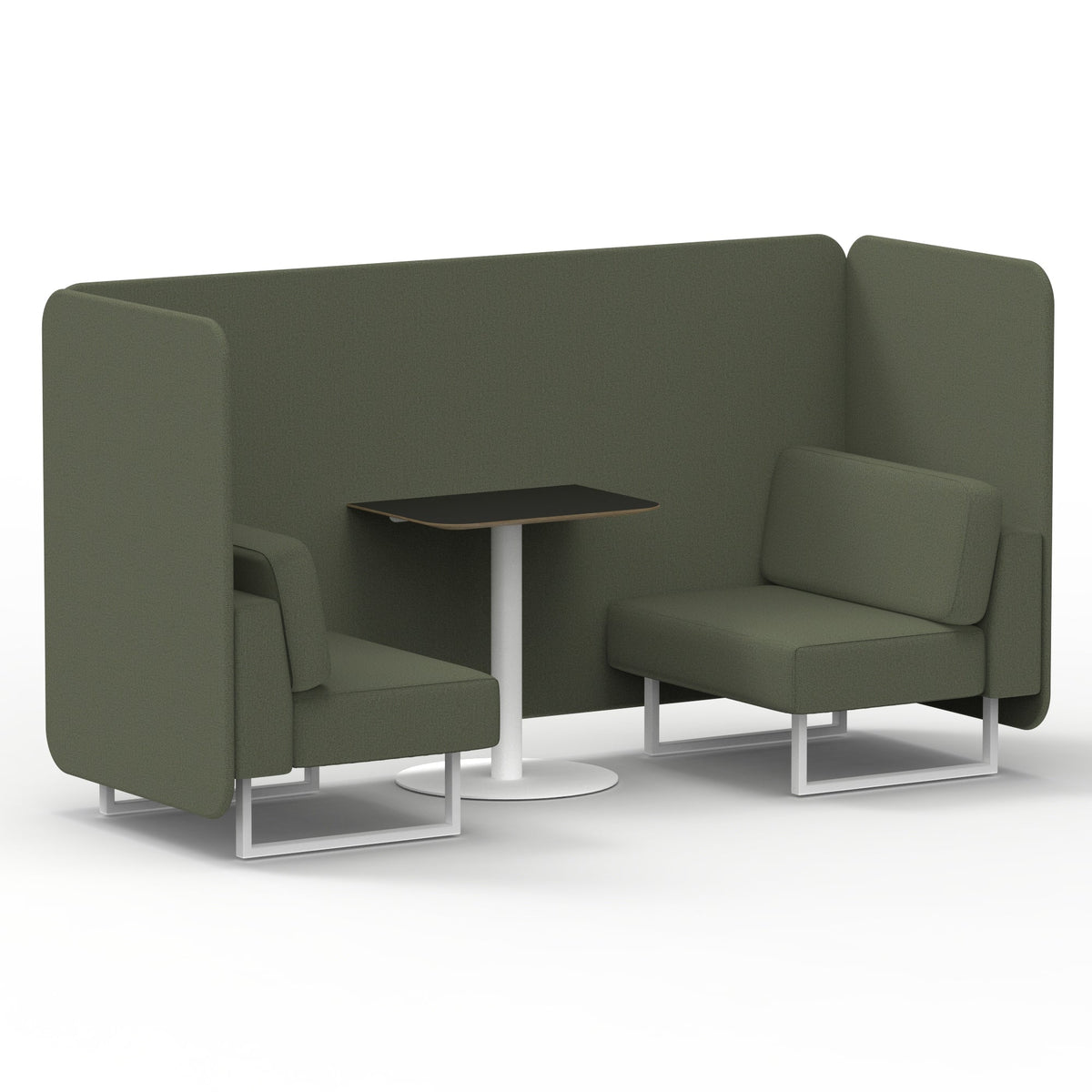Commercial 2 Seater Privacy Booth – Bench with Black Table – Single Tone – Crib 5 Main Line Flax - Monument Panels And Sofa White - Industrious Decor