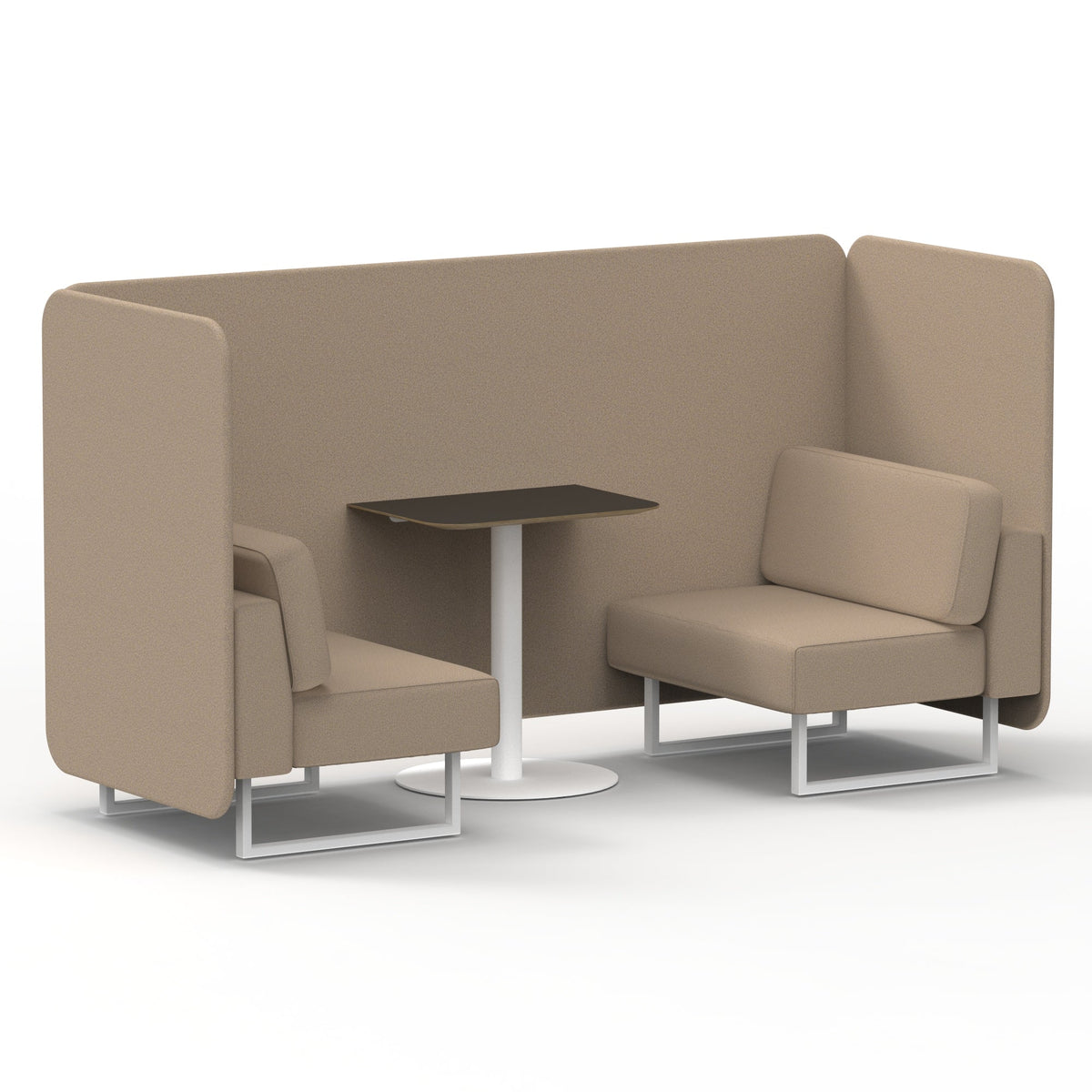 Commercial 2 Seater Privacy Booth – Bench with Black Table – Single Tone – Crib 5 Synergy - Affix Panels And Sofa White - Industrious Decor