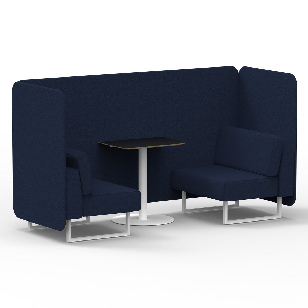 Commercial 2 Seater Privacy Booth – Bench with Black Table – Single Tone – Crib 5 Synergy - Alike Panels And Sofa White - Industrious Decor