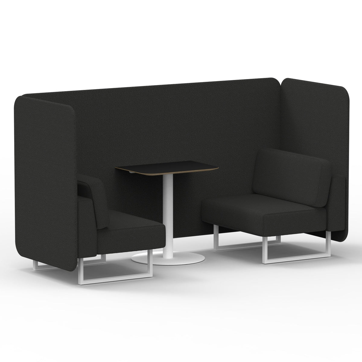 Commercial 2 Seater Privacy Booth – Bench with Black Table – Single Tone – Crib 5 Synergy - Mix Panels And Sofa White - Industrious Decor