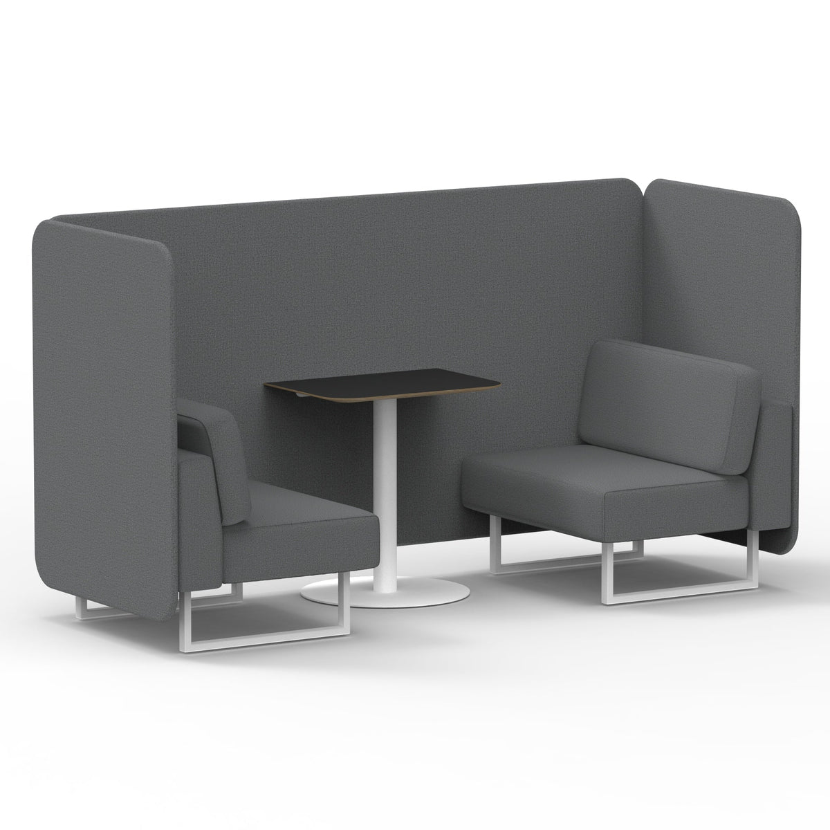 Commercial 2 Seater Privacy Booth – Bench with Black Table – Single Tone – Crib 5 Synergy - Partner Panels And Sofa White - Industrious Decor
