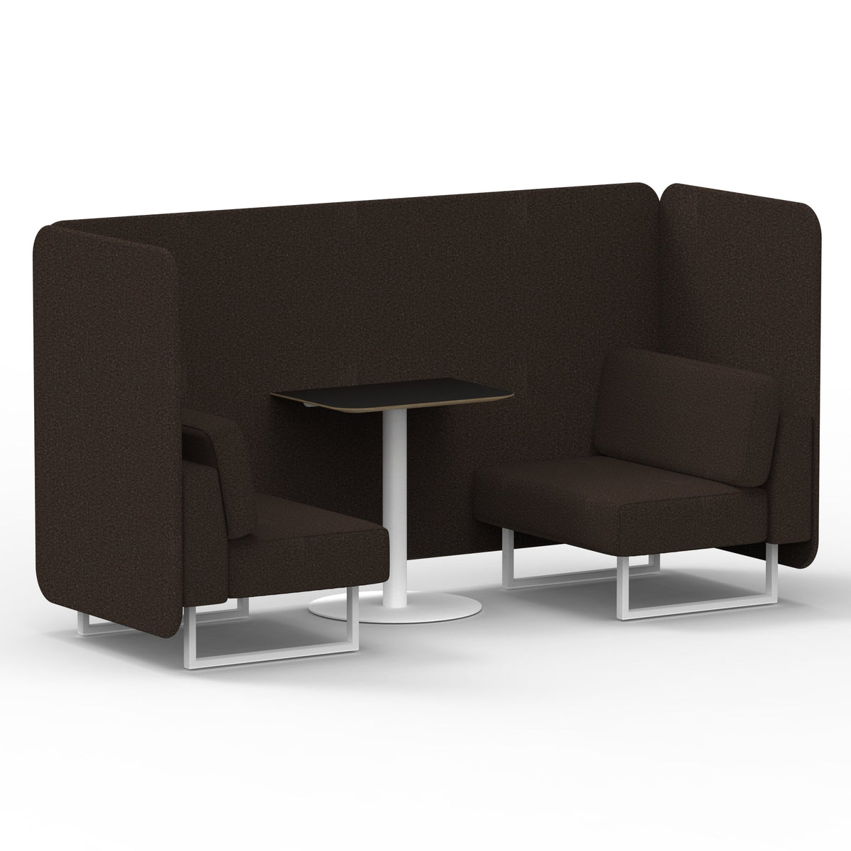 Commercial 2 Seater Privacy Booth – Bench with Black Table – Single Tone – Crib 5 Synergy - Wed Panels And Sofa White - Industrious Decor