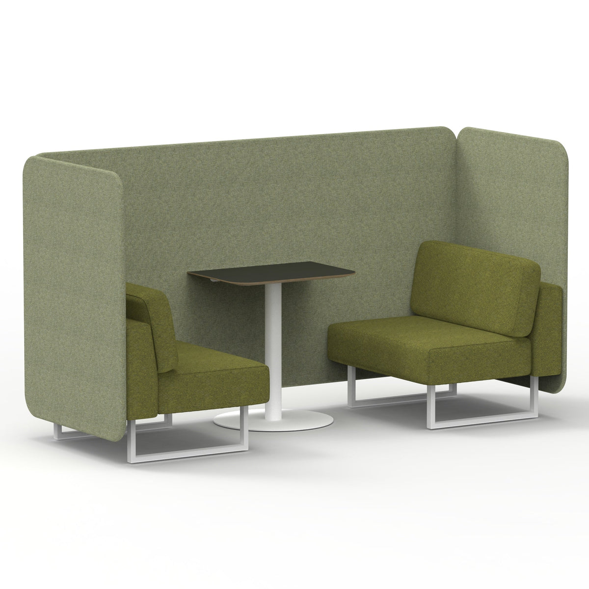 Commercial 2 Seater Privacy Booth – Bench with Black Table – Two Tone – Crib 5 Rivet - Burnish Panels And Olive Sofa White - Industrious Decor