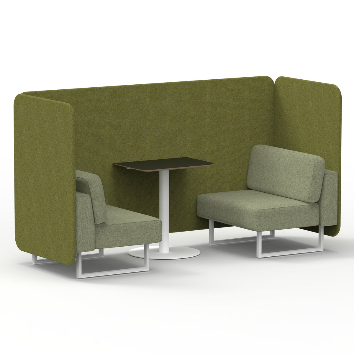 Commercial 2 Seater Privacy Booth – Bench with Black Table – Two Tone – Crib 5 Rivet - Olive Panels And Burnish Sofa White - Industrious Decor