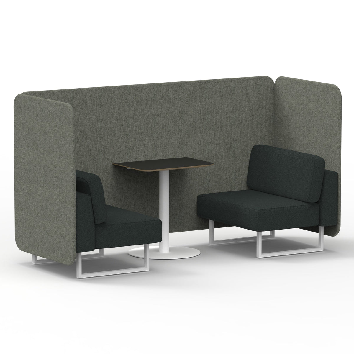 Commercial 2 Seater Privacy Booth – Bench with Black Table – Two Tone – Crib 5 Rivet - Vitreous Panels And Charcoal Sofa White - Industrious Decor