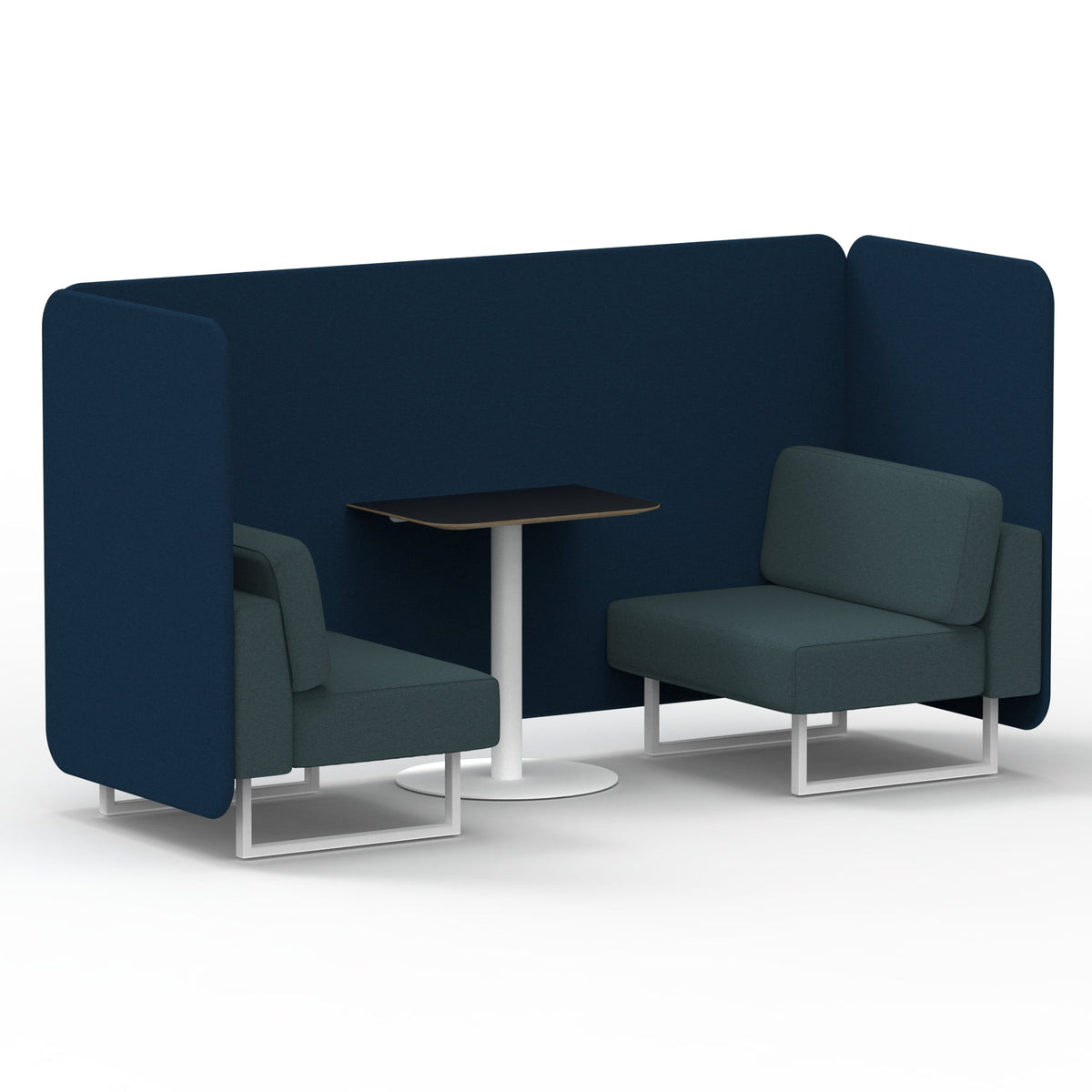 Commercial 2 Seater Privacy Booth – Bench with Black Table – Two Tone – Crib 5 X2 - Calculus Panels And Polygon Sofa White - Industrious Decor