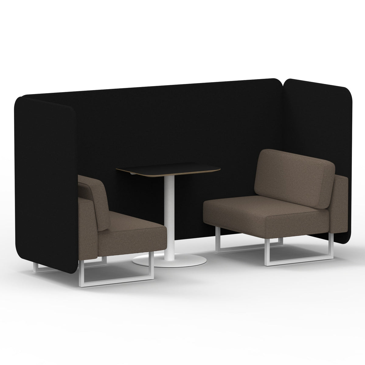 Commercial 2 Seater Privacy Booth – Bench with Black Table – Two Tone – Crib 5 X2 - Diameter Panels And Theory Sofa White - Industrious Decor