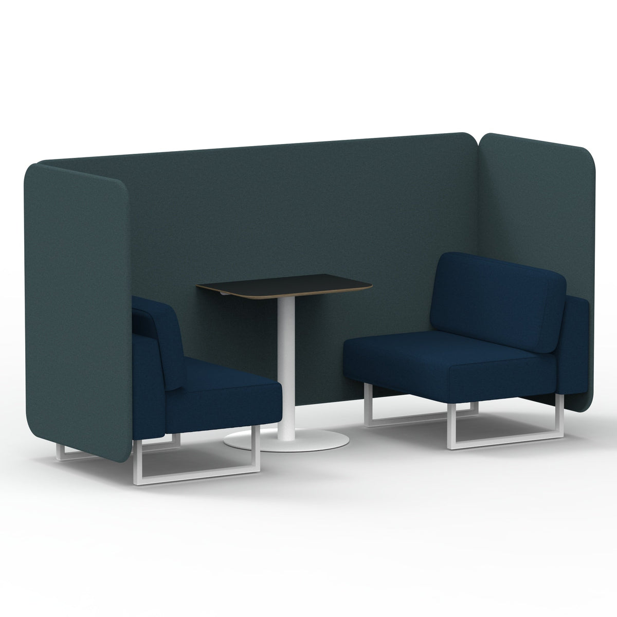 Commercial 2 Seater Privacy Booth – Bench with Black Table – Two Tone – Crib 5 X2 - Polygon Panels And Calculus Sofa White - Industrious Decor
