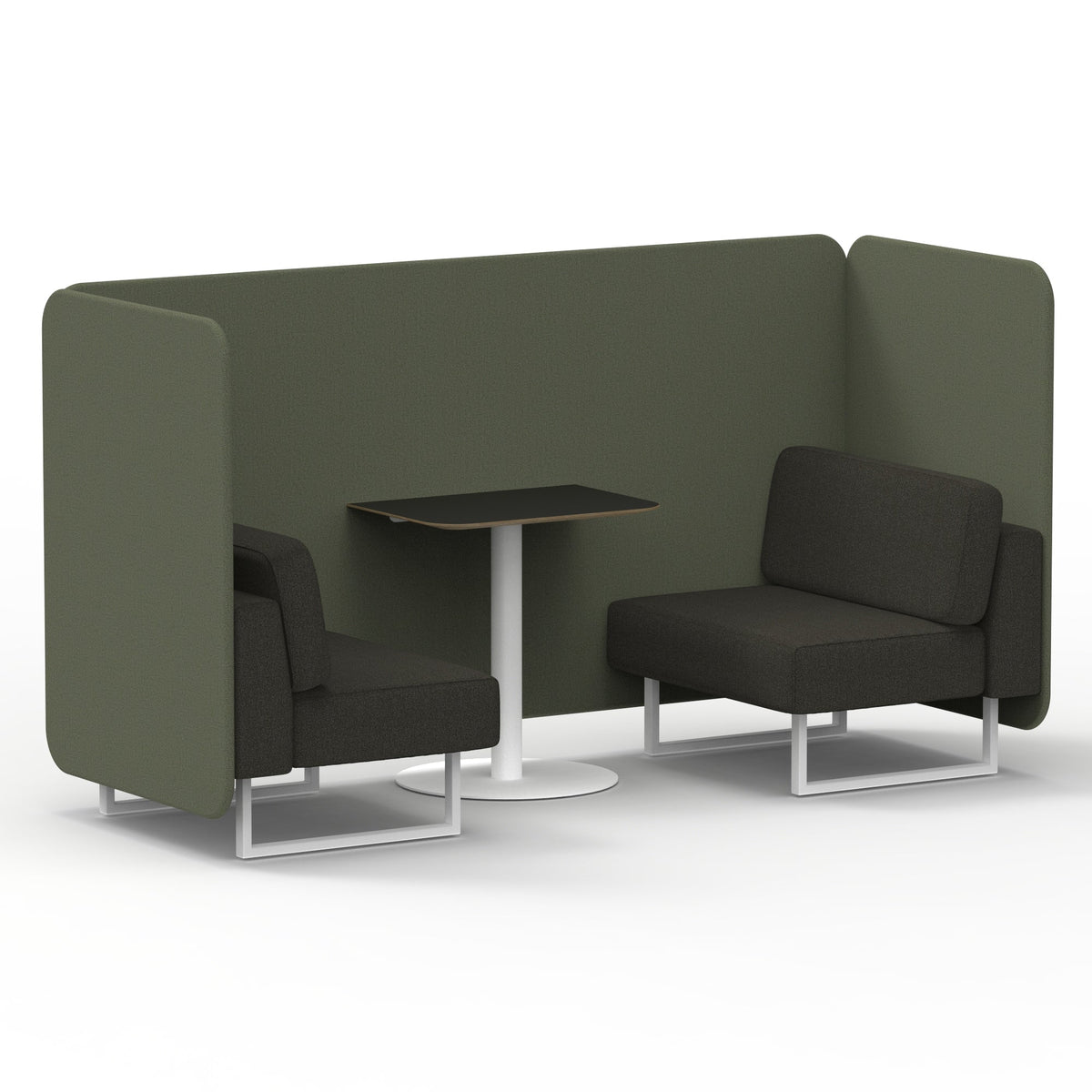 Commercial 2 Seater Privacy Booth – Bench with Black Table – Two Tone – Crib 5 Main Line Flax - Monument Panels And Temple Sofa White - Industrious Decor