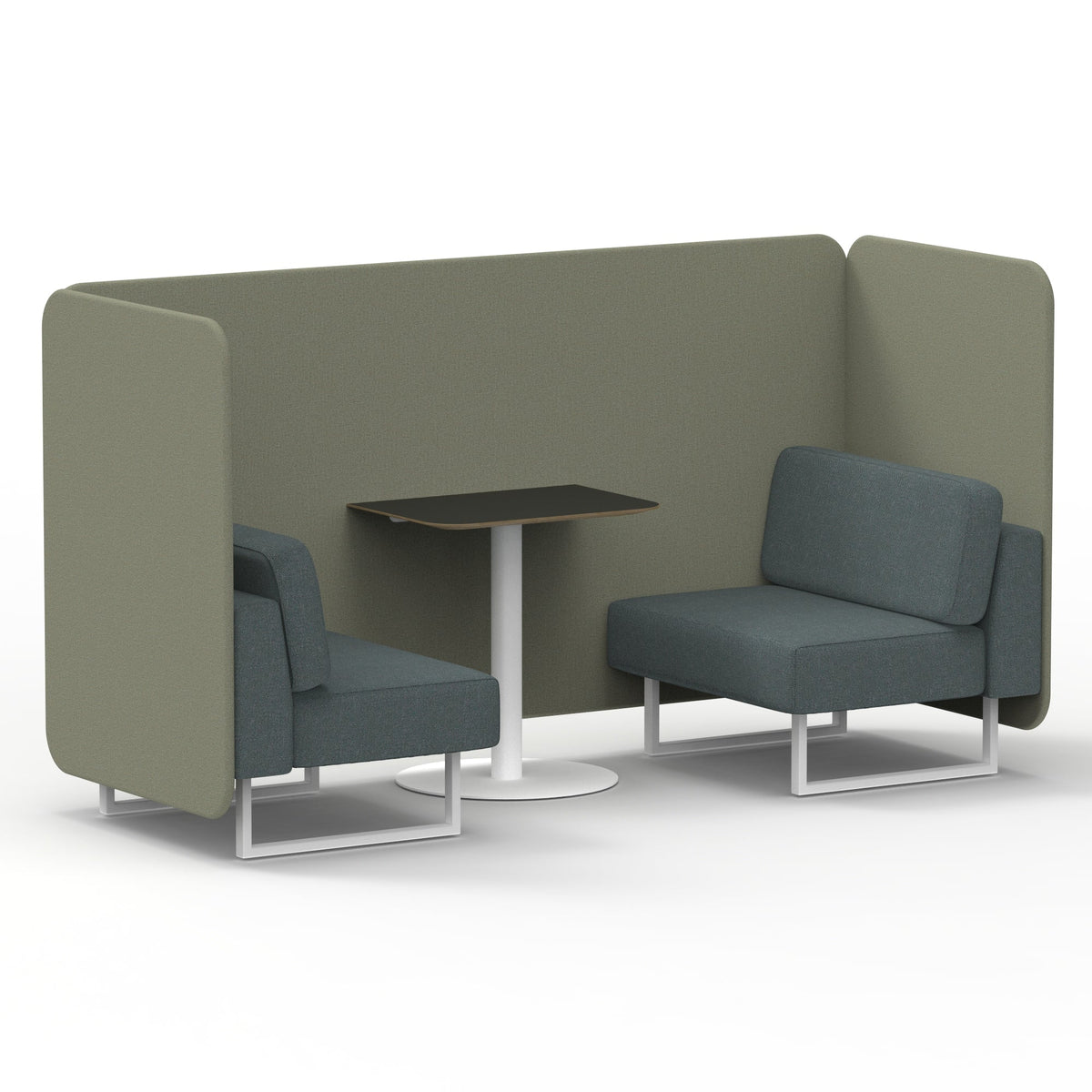 Commercial 2 Seater Privacy Booth – Bench with Black Table – Two Tone – Crib 5 Main Line Flax - Newbury Panels And Westminster Sofa White - Industrious Decor