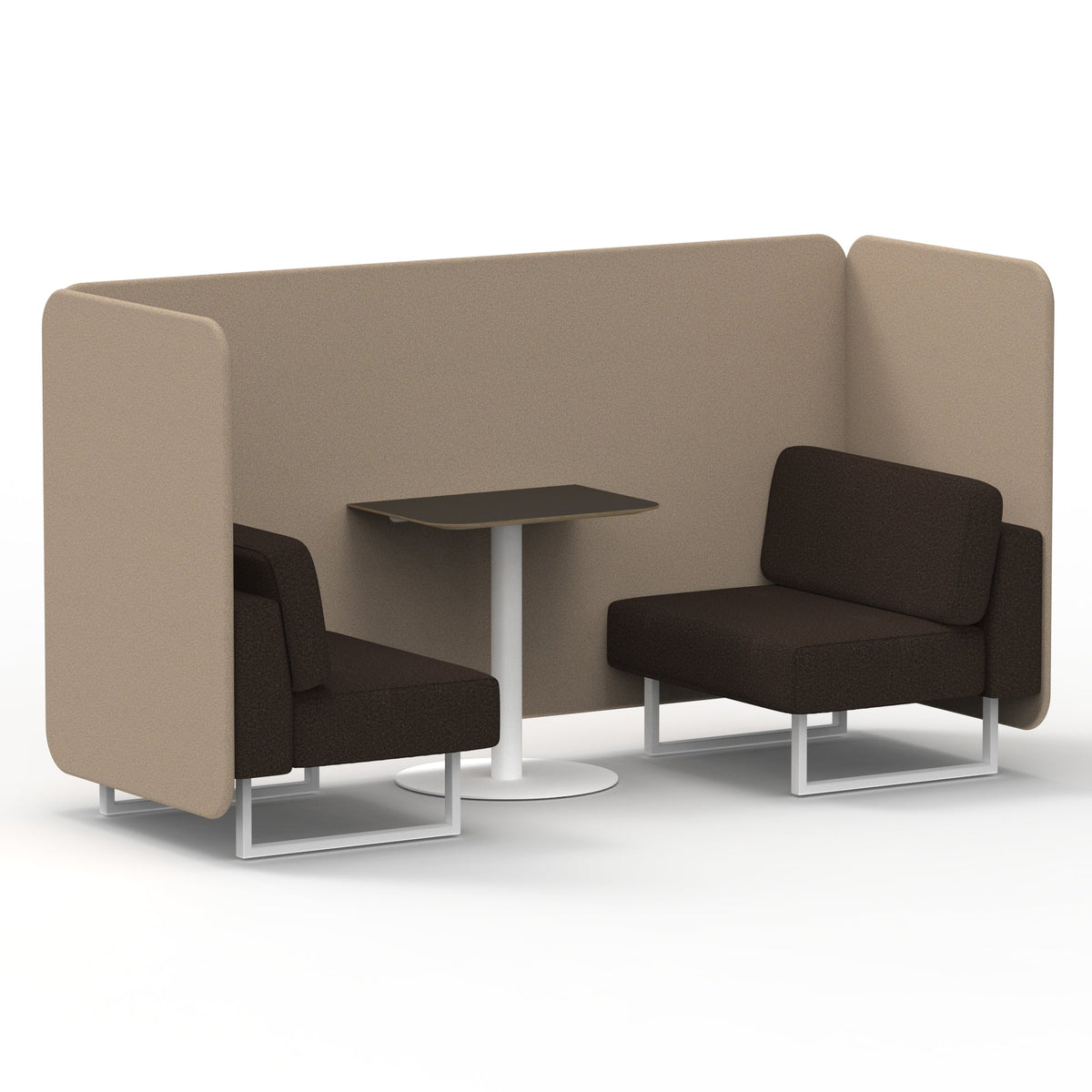 Commercial 2 Seater Privacy Booth – Bench with Black Table – Two Tone – Crib 5 Synergy - Affix Panels And Wed Sofa White - Industrious Decor