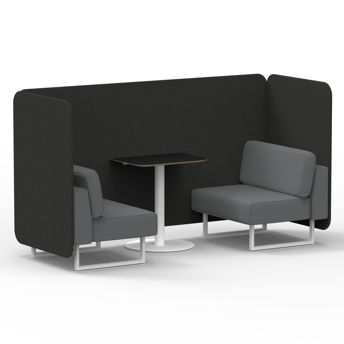 Commercial 2 Seater Privacy Booth – Bench with Black Table – Two Tone – Crib 5 Synergy - Mix Panels And Partner Sofa White - Industrious Decor