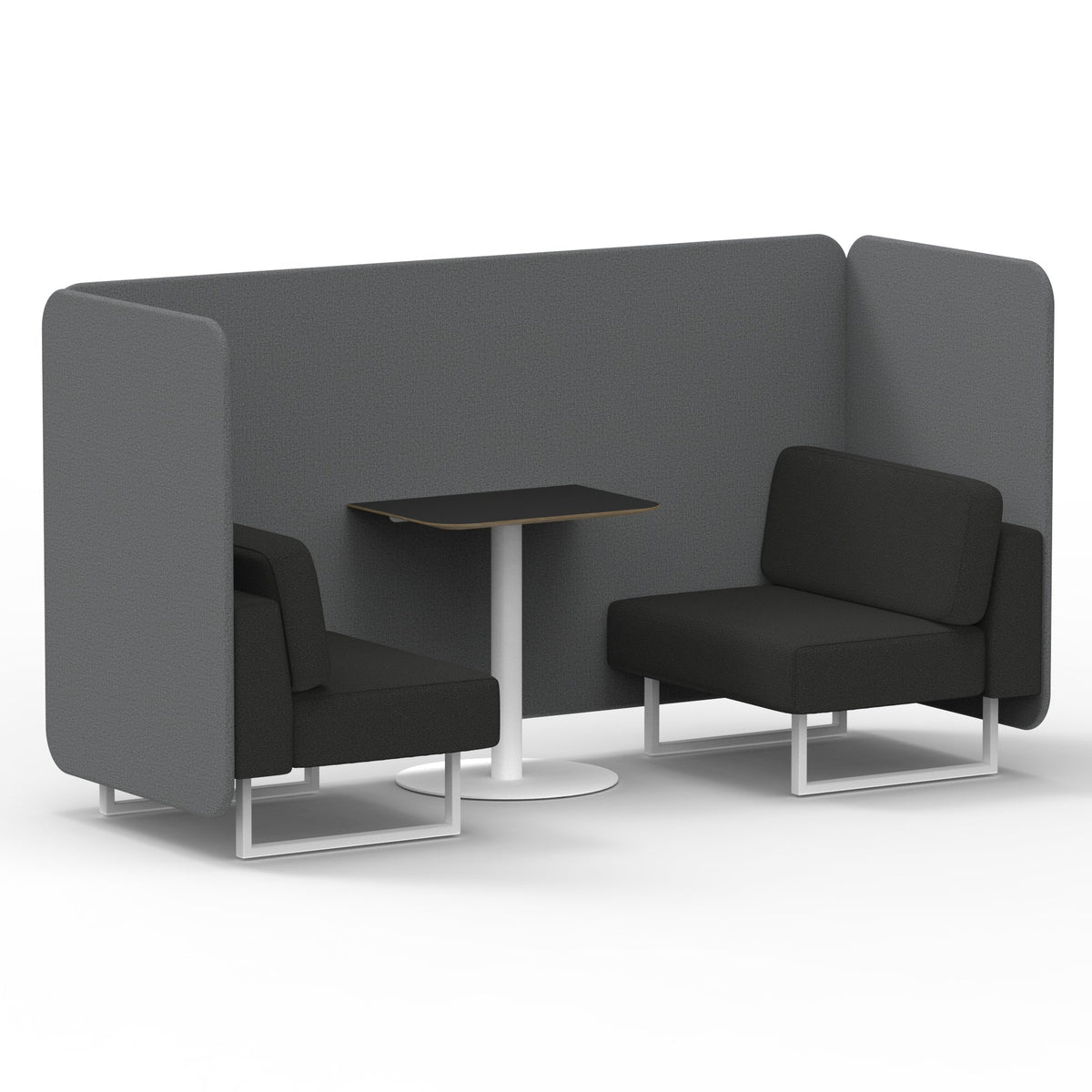 Commercial 2 Seater Privacy Booth – Bench with Black Table – Two Tone – Crib 5 Synergy - Partner Panels And Mix Sofa White - Industrious Decor