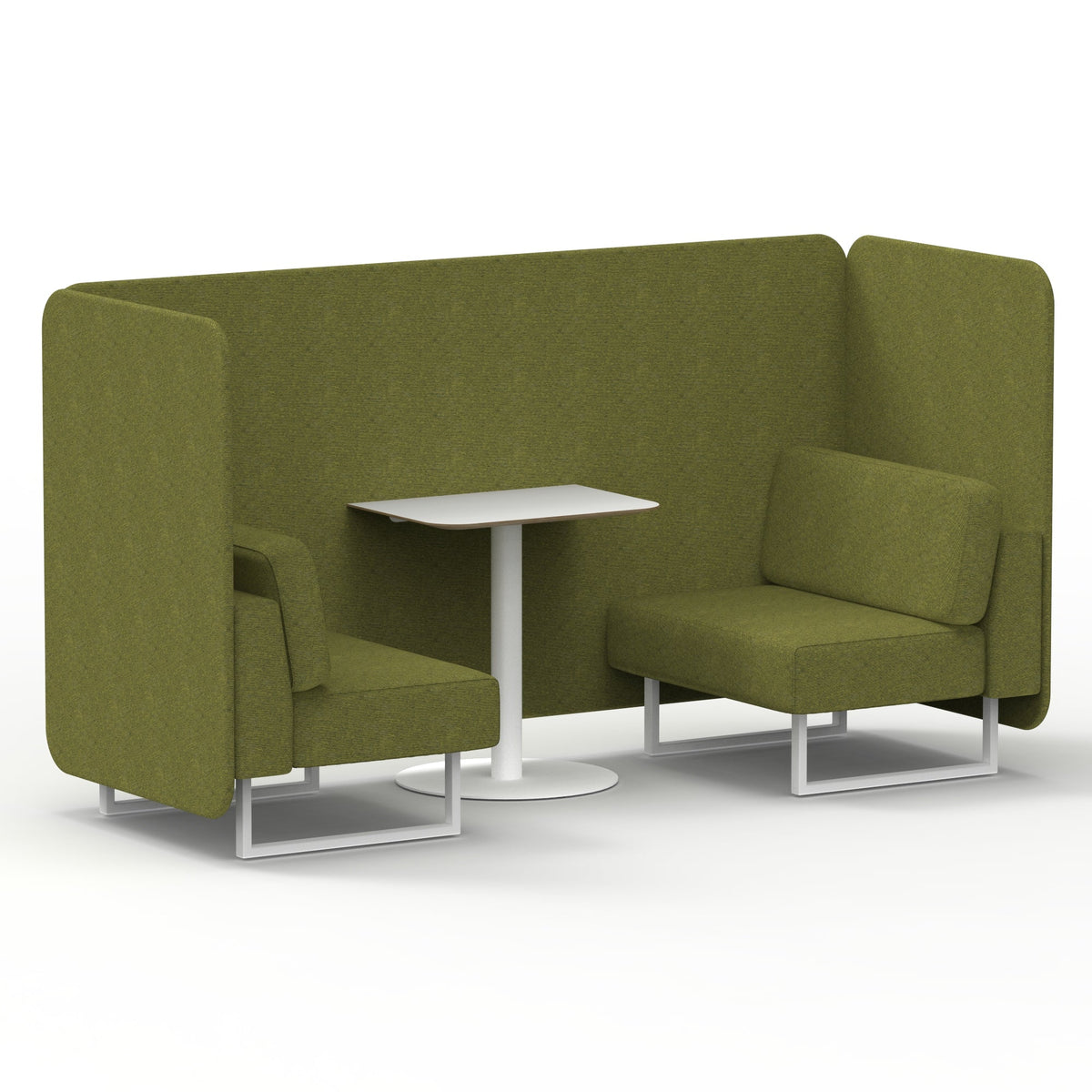 Commercial 2 Seater Privacy Booth – Bench with White Table – Single Tone – Crib 5 Rivet - Olive Panels And Sofa White - Industrious Decor