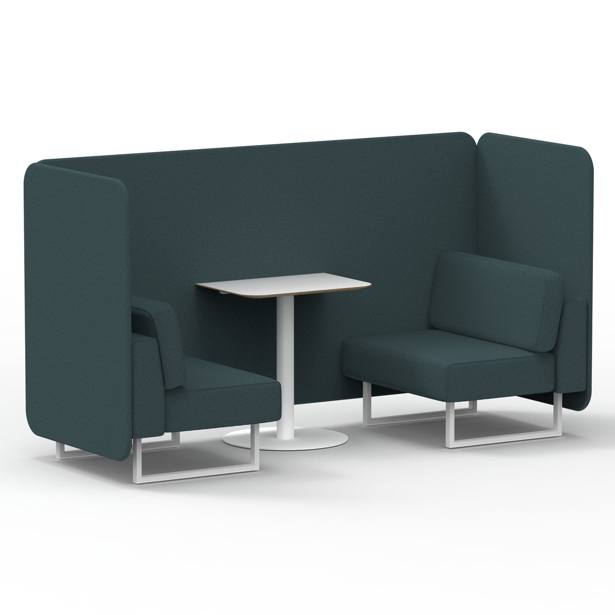 Commercial 2 Seater Privacy Booth – Bench with White Table – Single Tone – Crib 5 X2 - Polygon Panels And Sofa White - Industrious Decor