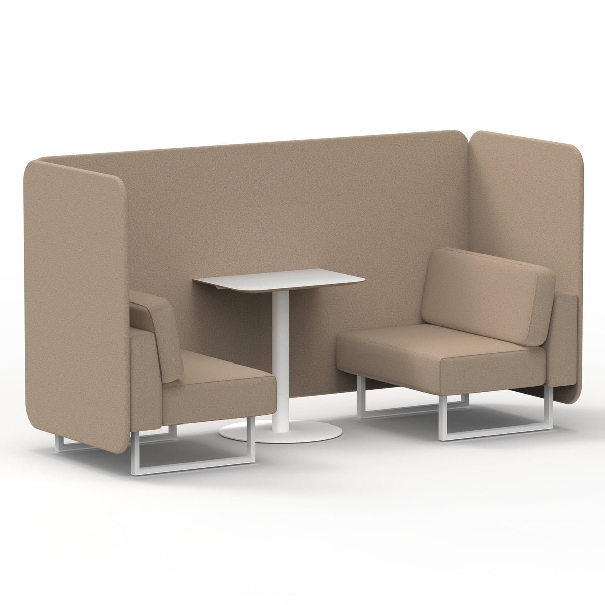Commercial 2 Seater Privacy Booth – Bench with White Table – Single Tone – Crib 5 Synergy - Affix Panels And Sofa White - Industrious Decor
