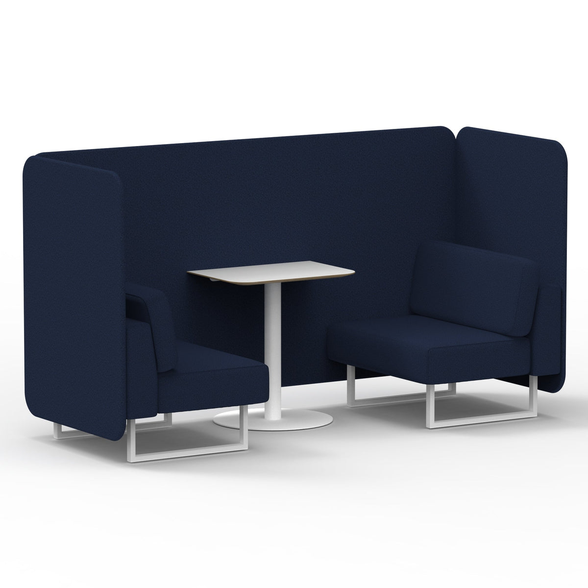 Commercial 2 Seater Privacy Booth – Bench with White Table – Single Tone – Crib 5 Synergy - Alike Panels And Sofa White - Industrious Decor