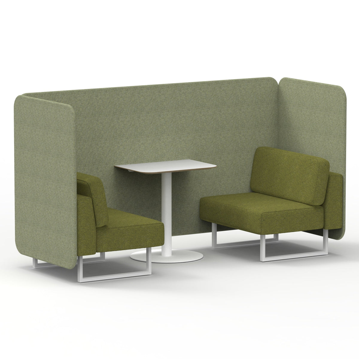 Commercial 2 Seater Privacy Booth – Bench with White Table – Two Tone – Crib 5 Rivet - Burnish Panels And Olive Sofa White - Industrious Decor