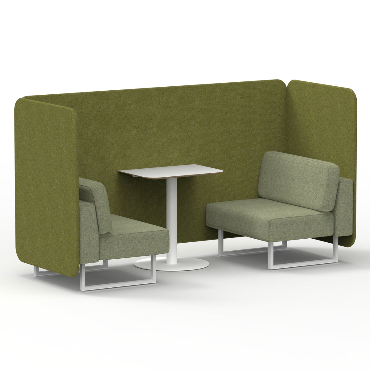 Commercial 2 Seater Privacy Booth – Bench with White Table – Two Tone – Crib 5 Rivet - Olive Panels And Burnish Sofa White - Industrious Decor