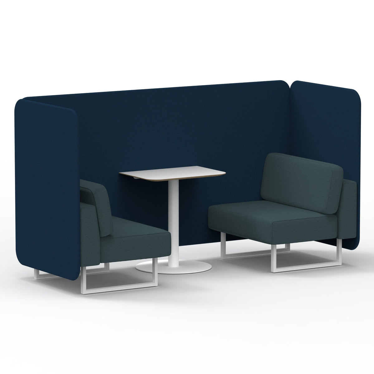 Commercial 2 Seater Privacy Booth – Bench with White Table – Two Tone – Crib 5 X2 - Calculus Panels And Polygon Sofa White - Industrious Decor