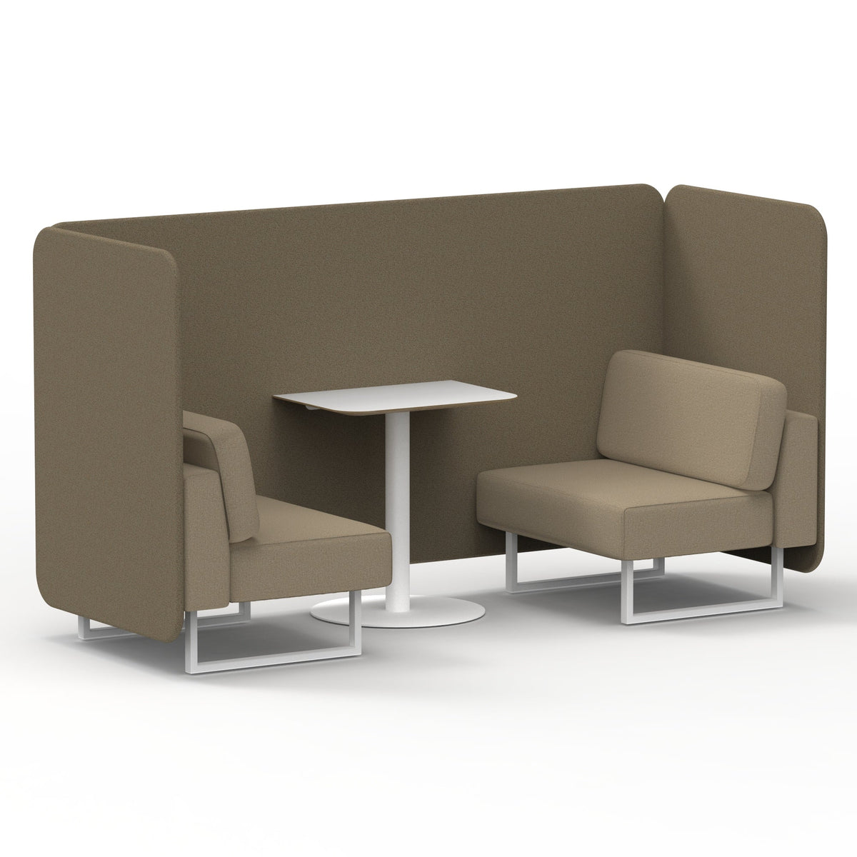 Commercial 2 Seater Privacy Booth – Bench with White Table – Two Tone – Crib 5 Main Line Flax - Bank Panels And Upminster Sofa White - Industrious Decor