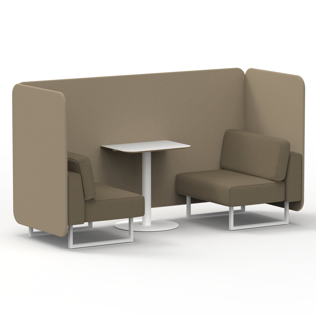 Commercial 2 Seater Privacy Booth – Bench with White Table – Two Tone – Crib 5 Main Line Flax - Upminster Panels And Bank Sofa White - Industrious Decor