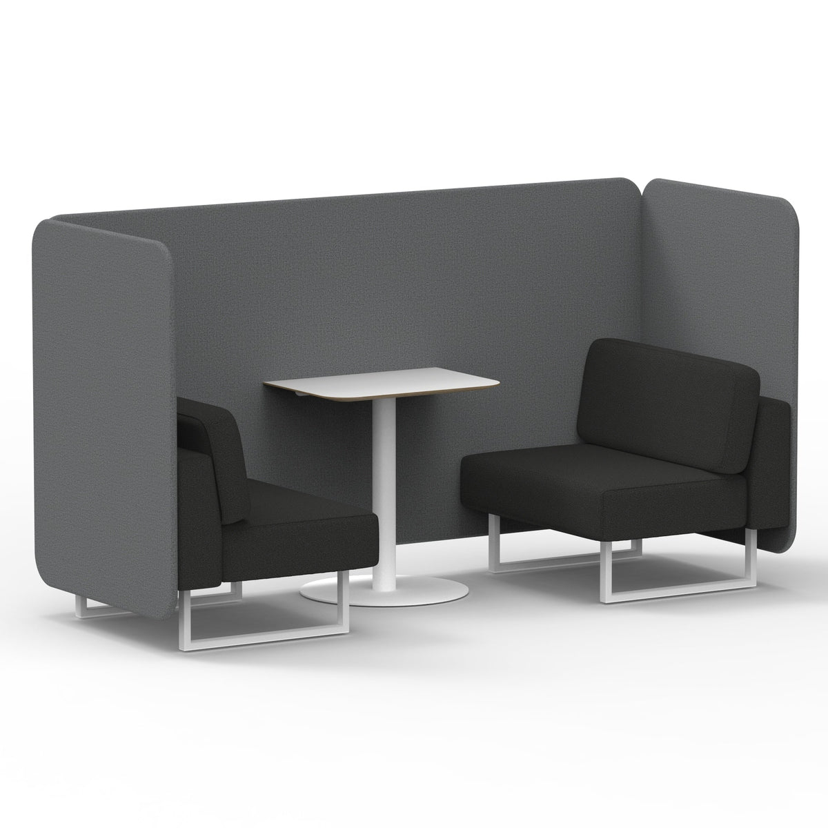 Commercial 2 Seater Privacy Booth – Bench with White Table – Two Tone – Crib 5 Synergy - Partner Panels And Mix Sofa White - Industrious Decor