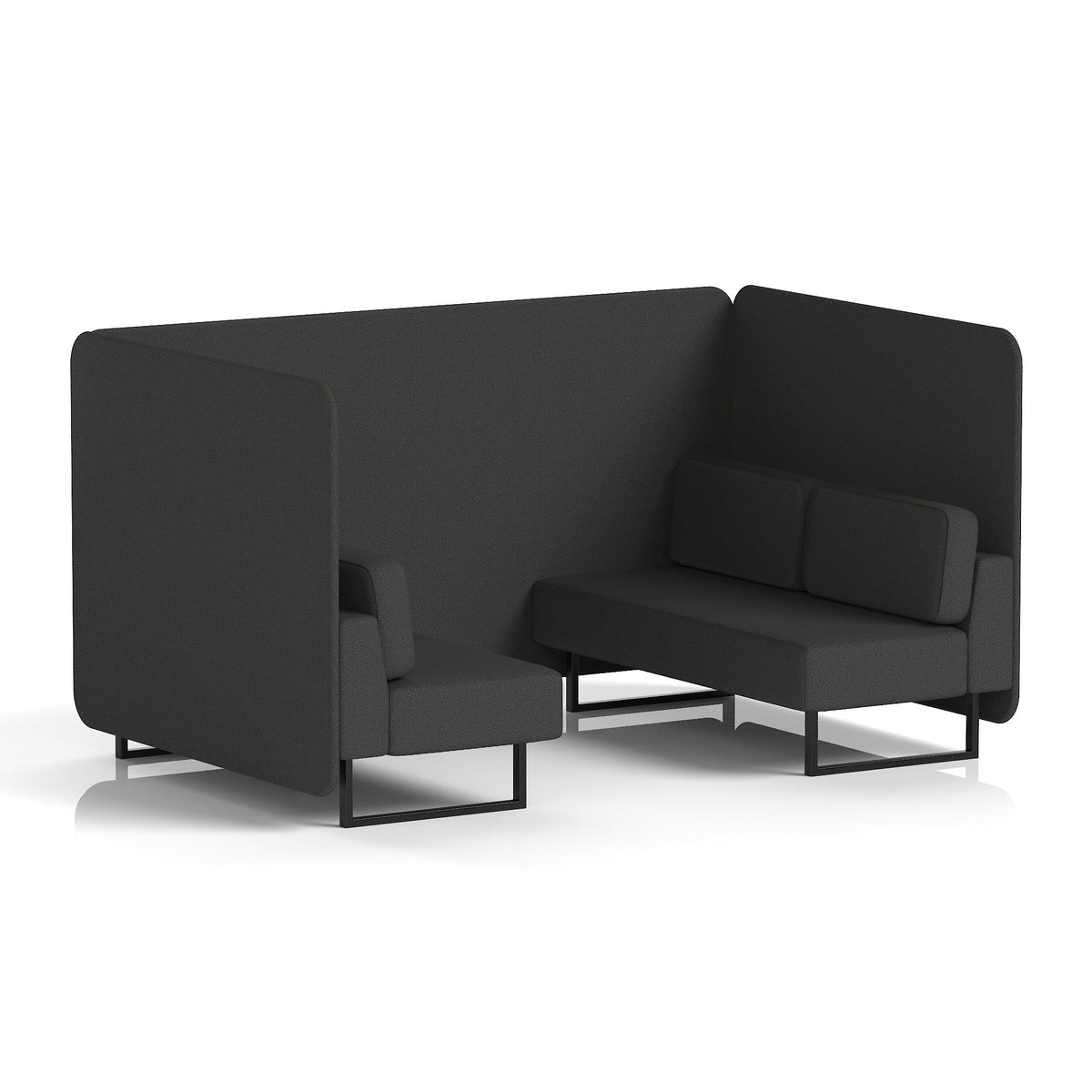 Commercial 4 Seater Privacy Booth – Bench – Single Tone – Crib 5 Synergy - Mix Panels And Sofa Black - Industrious Decor