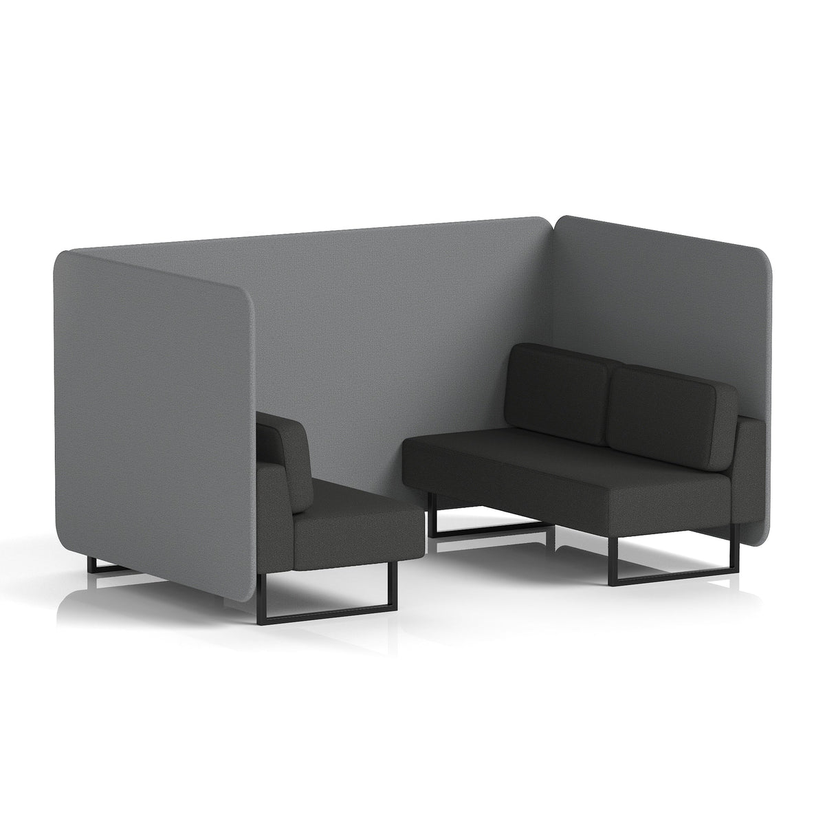 Commercial 4 Seater Privacy Booth – Bench – Two Tone – Crib 5 Synergy - Partner Panels And Mix Sofa Black - Industrious Decor