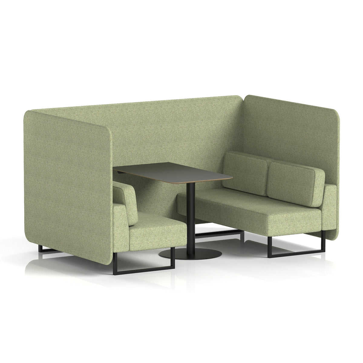 Commercial 4 Seater Privacy Booth – Bench with Black Table – Single Tone – Crib 5 Rivet - Burnish Panels And Sofa Black - Industrious Decor