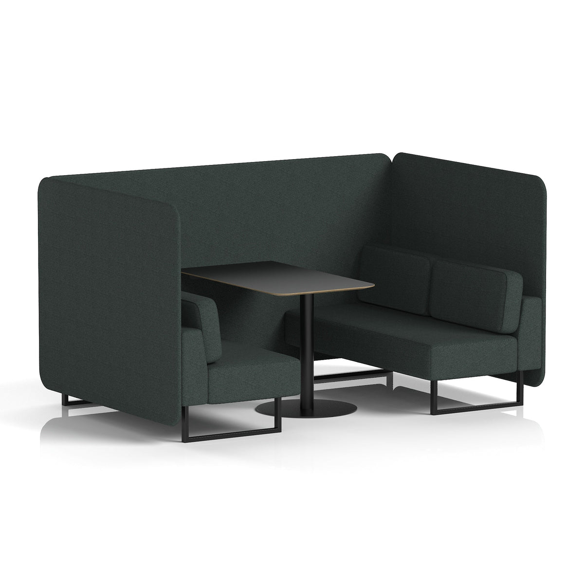 Commercial 4 Seater Privacy Booth – Bench with Black Table – Single Tone – Crib 5 Rivet - Charcoal Panels And Sofa Black - Industrious Decor
