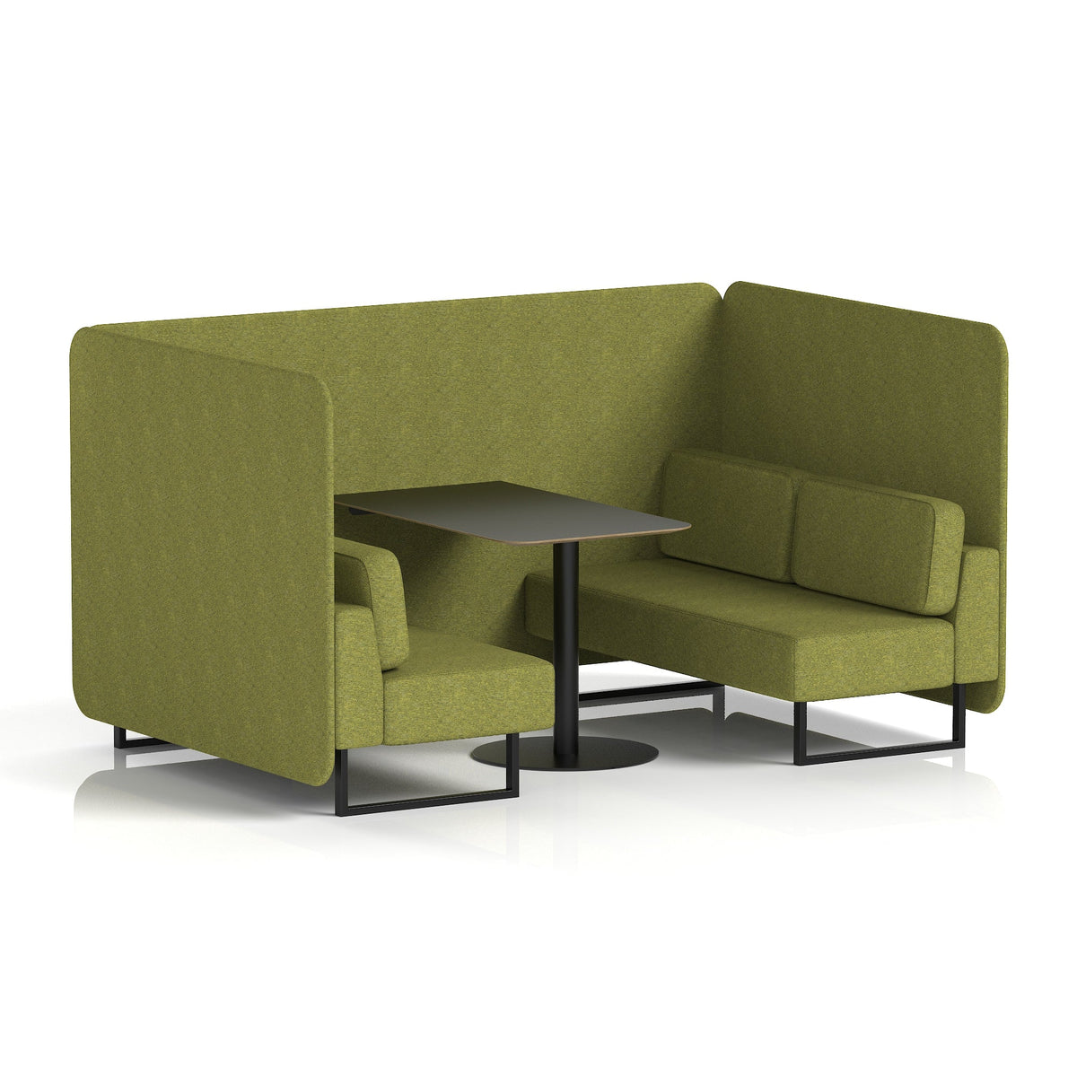 Commercial 4 Seater Privacy Booth – Bench with Black Table – Single Tone – Crib 5 Rivet - Olive Panels And Sofa Black - Industrious Decor