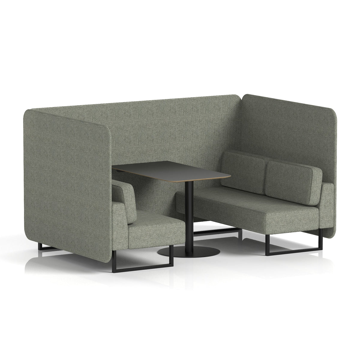 Commercial 4 Seater Privacy Booth – Bench with Black Table – Single Tone – Crib 5 Rivet - Vitreous Panels And Sofa Black - Industrious Decor